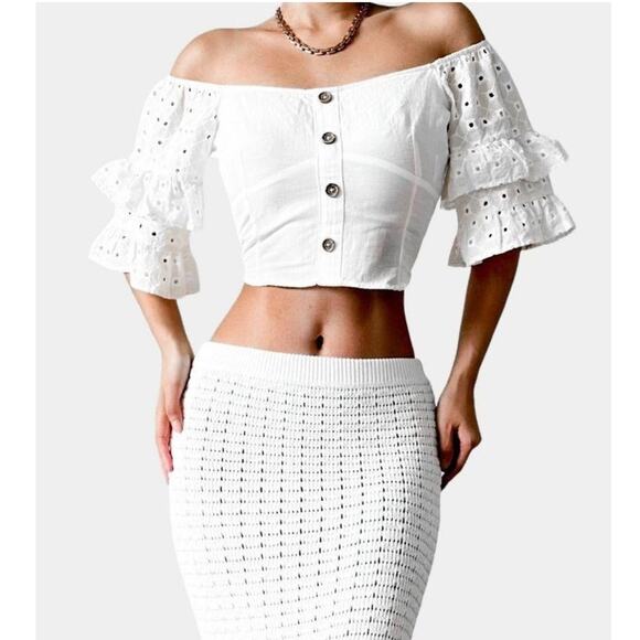 Zara Shirt Womens Large White Cream Eyelet Button Ruffle Crop Embroidered Cotton - Picture 1 of 8